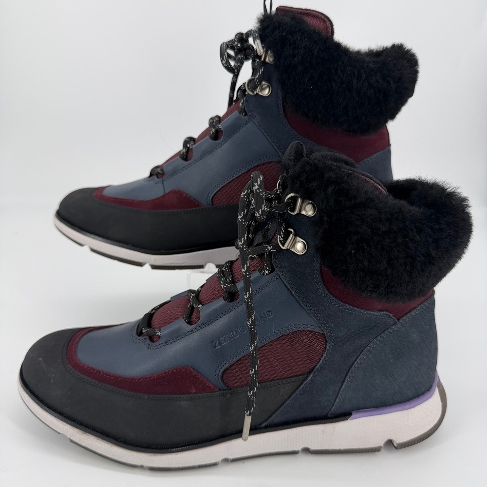 Cole Haan Zerogrand Explorer Hiker Boots Navy Burgundy Shearling W22877 Women 10